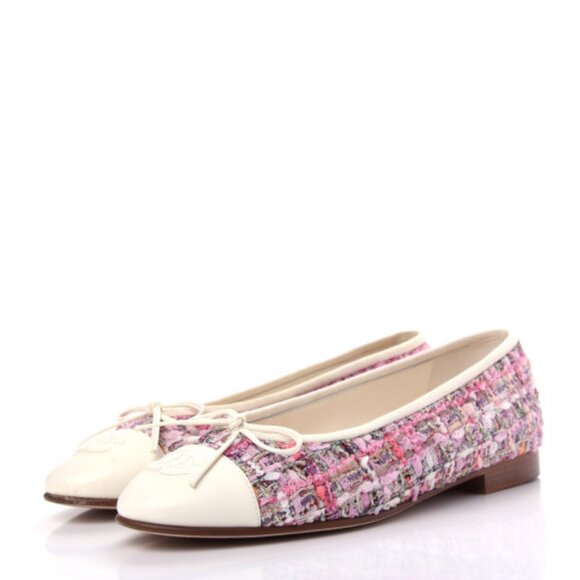 Chanel Tweed Calfskin Cap Toe Ballerina Flats Pink - Picture 1 of 4
